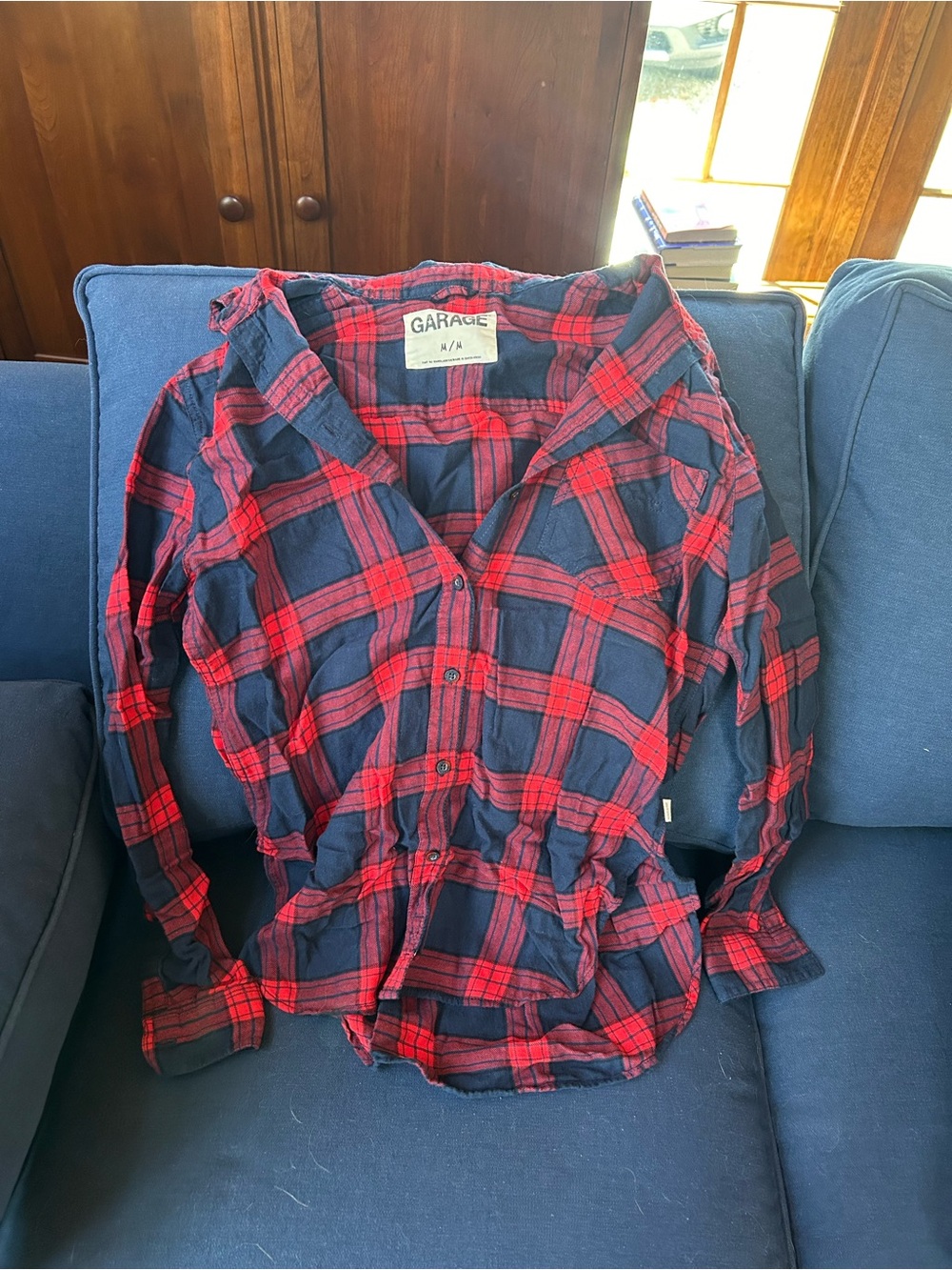 Garage Navy and Red Plaid Button-Front Shirt